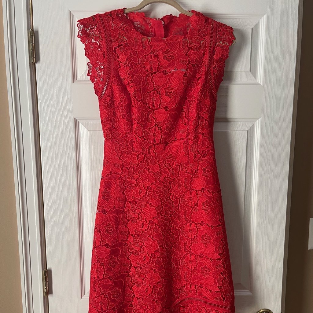 Reiss Size 4 Red Lace Cocktail Dress With Asymmetrical Hem